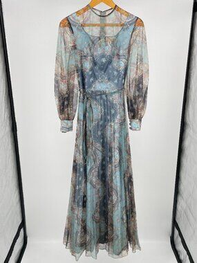 Kathe Wettley Vintage 70s Sheer Floral Pleated Prairie Maxi Dress Blue